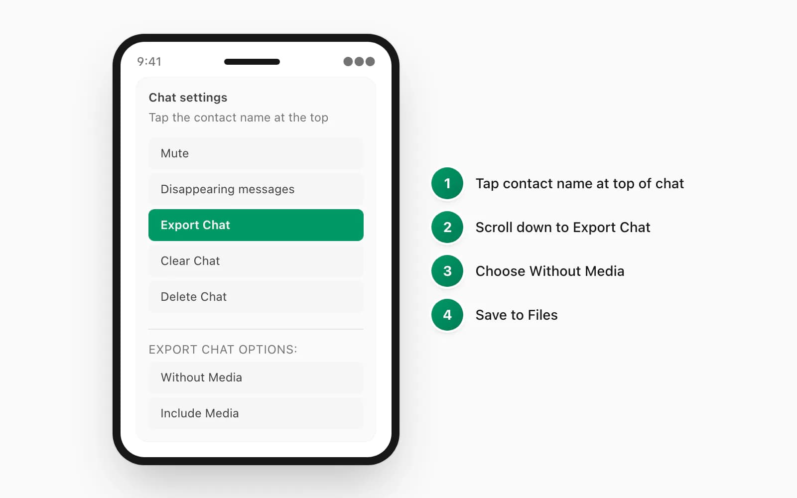 WhatsApp iPhone Chat-Export-Menü mit hervorgehobenen Optionen Ohne Medien und Mit Medien