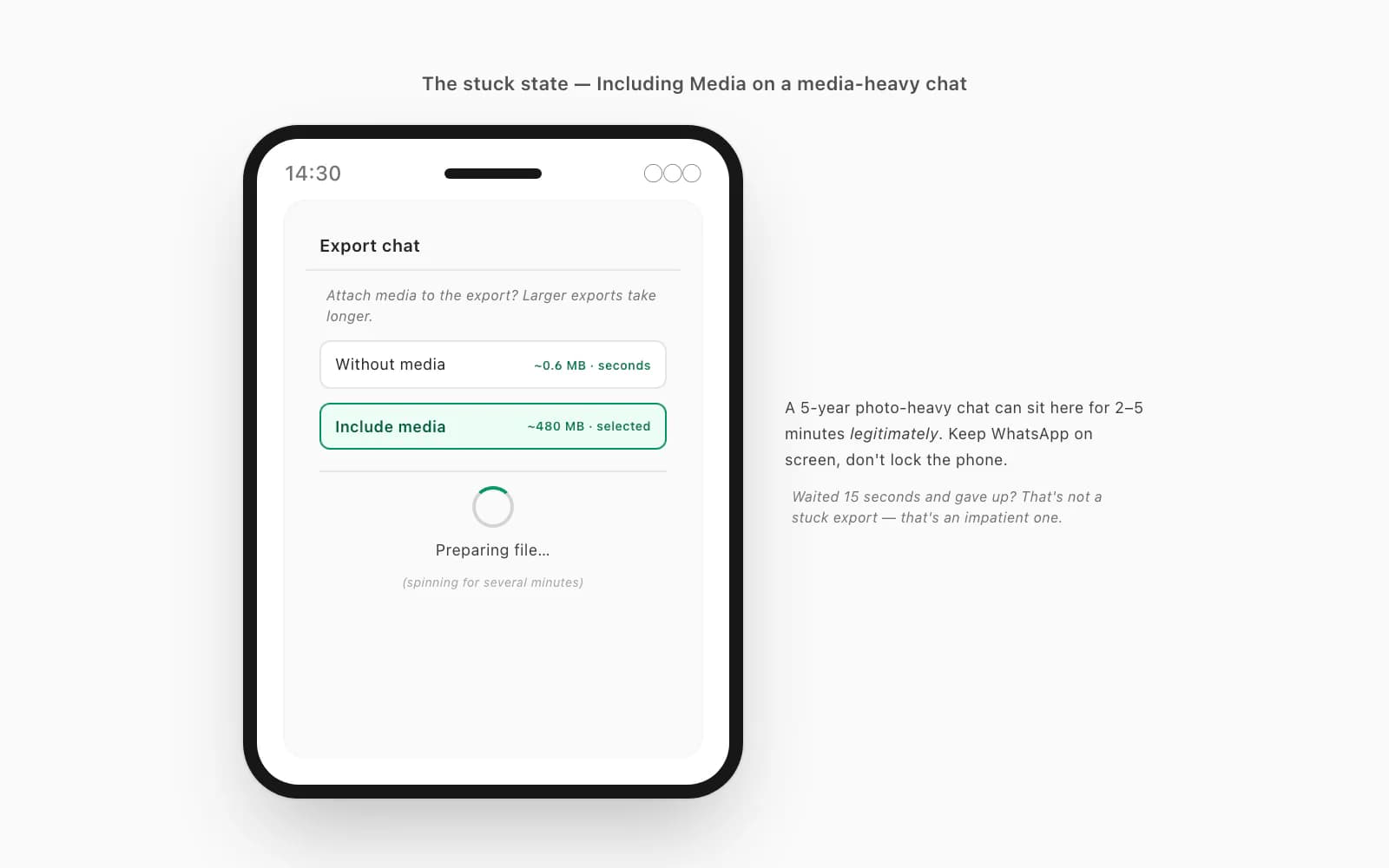 Android WhatsApp Export Chat sheet with the spinner frozen on Preparing file after picking Including Media on a big chat