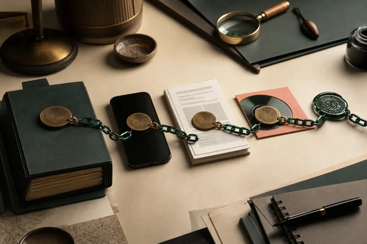 Source archive, phone, transcript, and media exhibit connected by fingerprinted authenticity seals and an unbroken chain