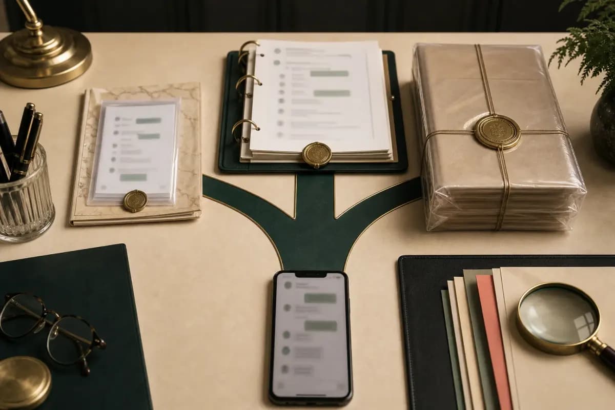 Mobile chat branching to a screenshot sleeve, complete review transcript, or sealed high-stakes evidence package