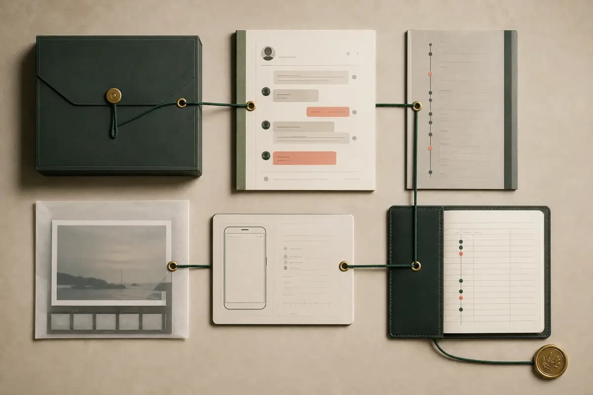 Source archive, attributed transcript, timestamp rail, media sleeve, device record, and custody log