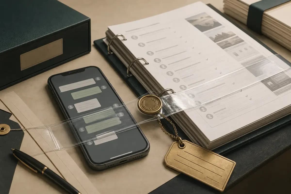 Mobile chat and chronological evidence binder joined by an intact seal with the source archive preserved beside them