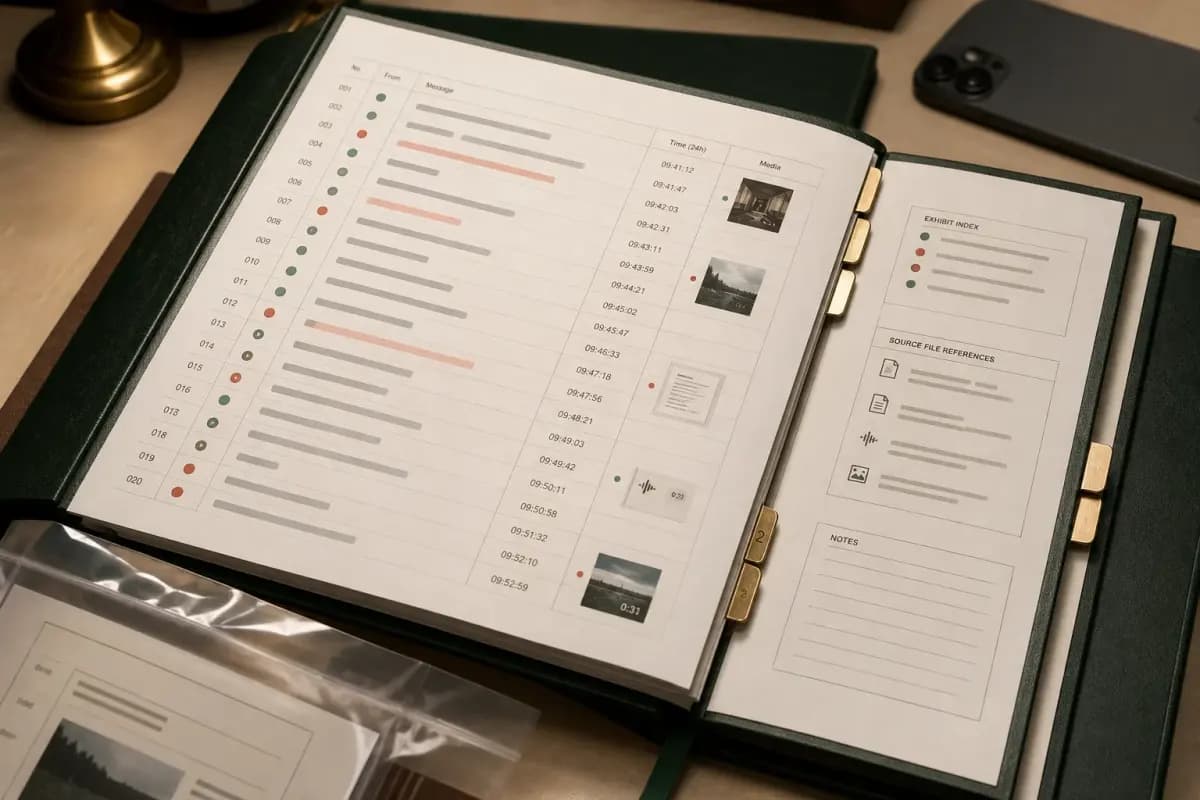 Open evidence PDF with numbered messages, sender markers, timestamps, media exhibits, source references, and notes