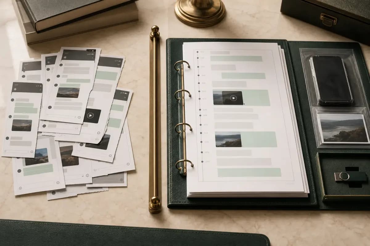 Loose cropped chat screenshots compared with a complete chronological transcript binder and preserved source device