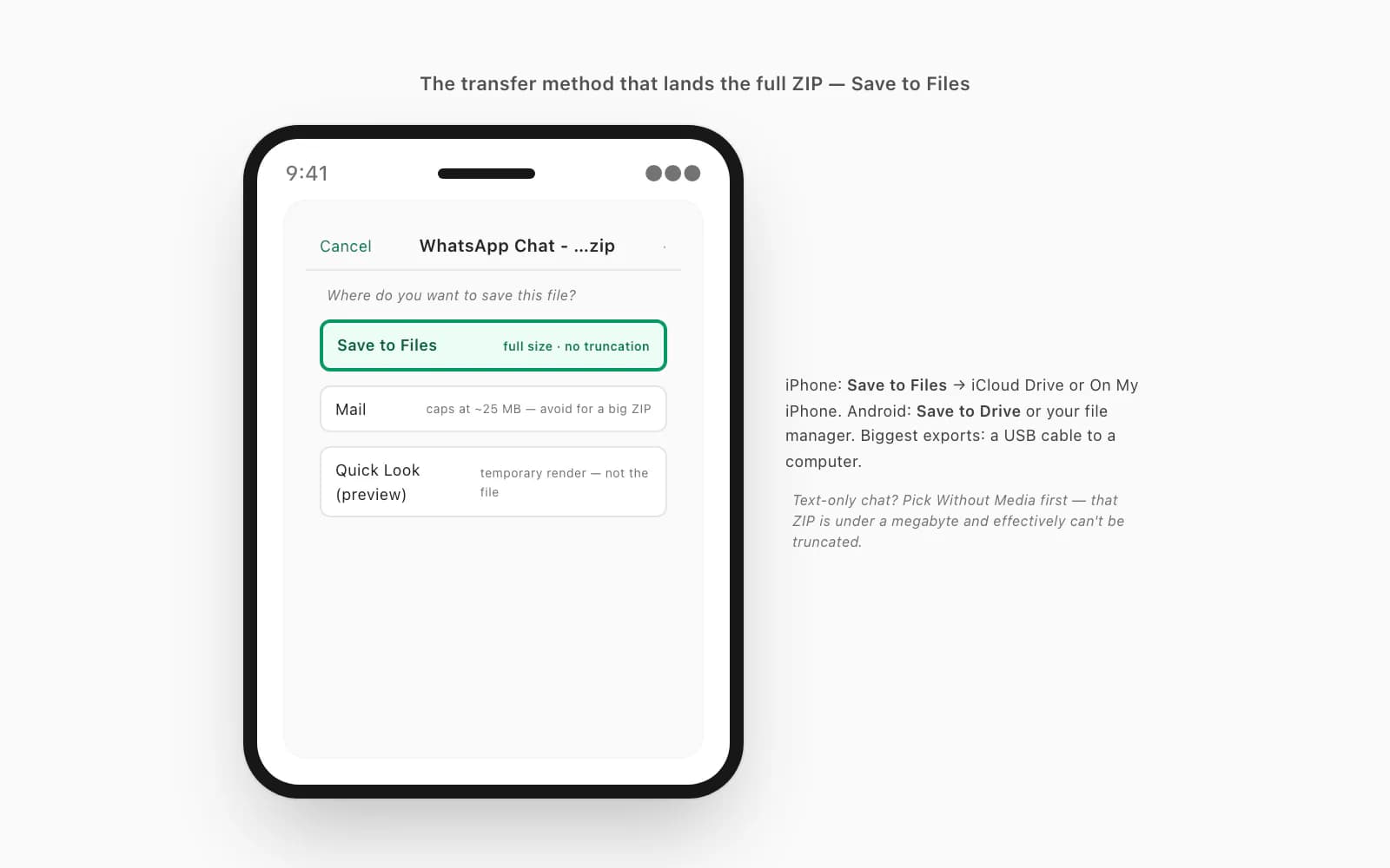 iPhone share sheet after Export Chat with Save to Files chosen — the transfer that lands the full ZIP without truncation