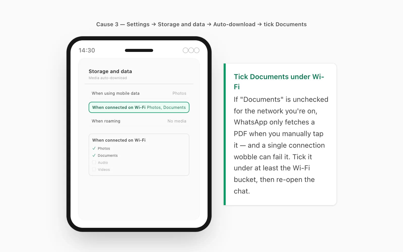 Android WhatsApp Storage and data screen with Auto-download toggles for documents off on mobile and Wi-Fi