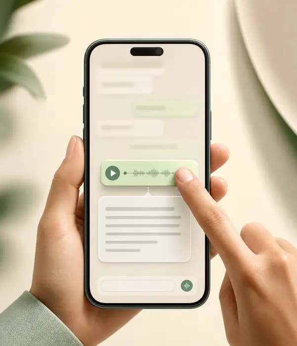 Hand selecting one voice message on a phone as its in-app transcript appears directly beneath the audio bubble