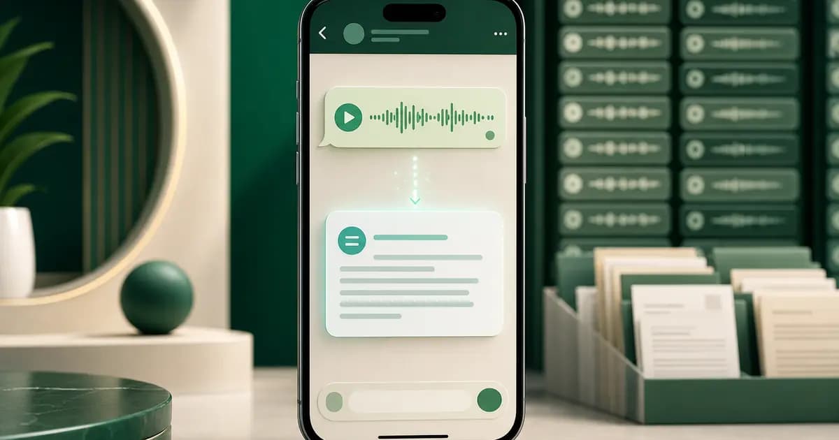 One selected WhatsApp voice note becoming text while a whole-chat transcript workflow sits in the background