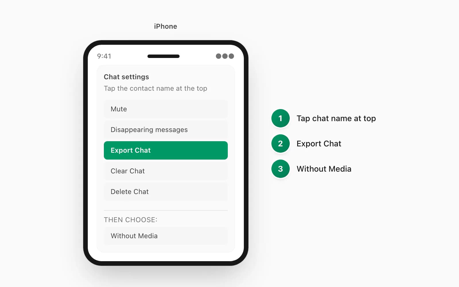 WhatsApp-Menü Chat exportieren auf iPhone und Android mit hervorgehobener Option Ohne Medien