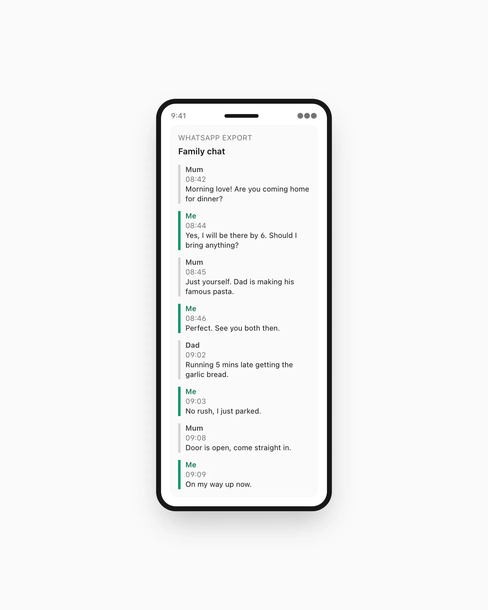 Beispielseite WhatsApp to PDF mit Senderzuweisung, Zeitstempel und Nachrichtentext