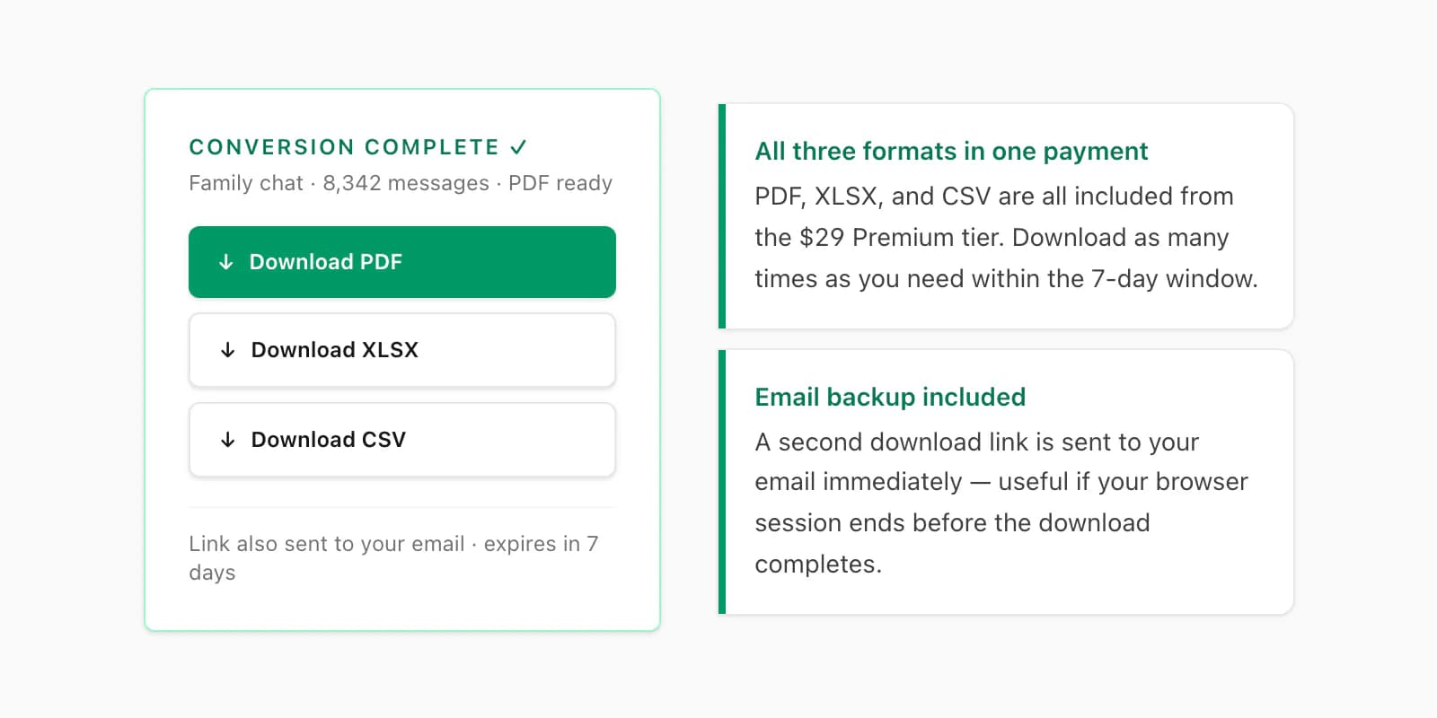 Download-Bereit-Bildschirm WhatsApp to PDF mit PDF-, Excel- und CSV-Ausgabepaket