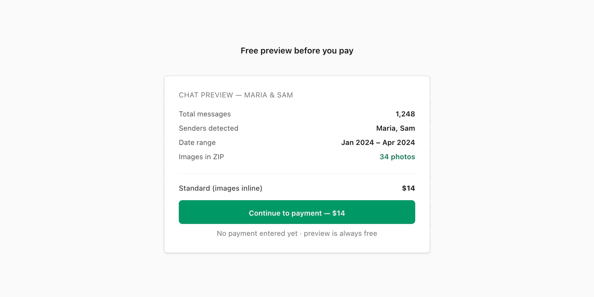 WhatsApp to PDF converter free preview panel showing message count, senders detected, and price before payment