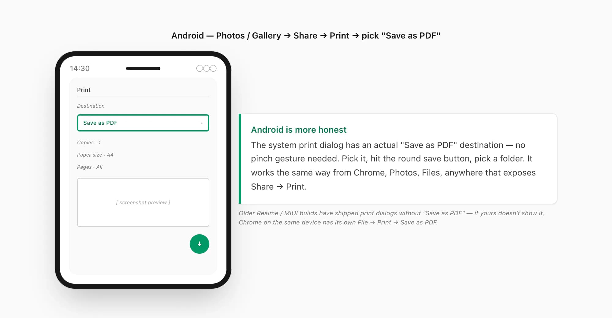 Android system print dialog with Save as PDF selected as the destination, page range All, ready to tap the round save button