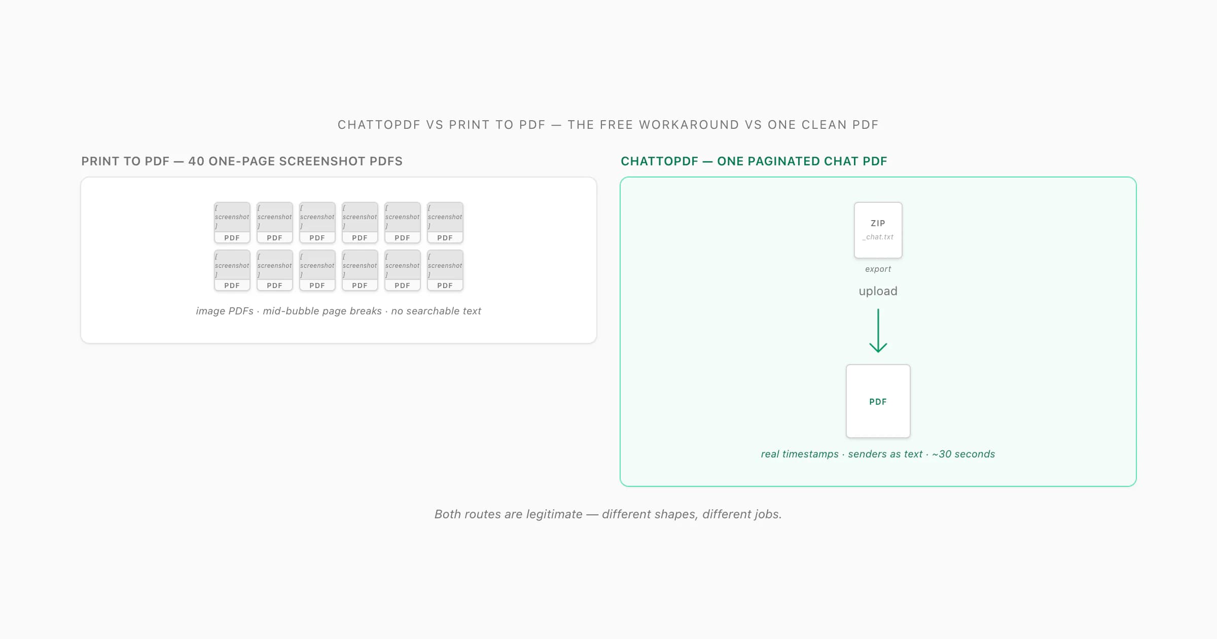 ChatToPDF vs print to pdf split: forty one-page PDFs of screenshots on the left, one clean paginated chat PDF on the right