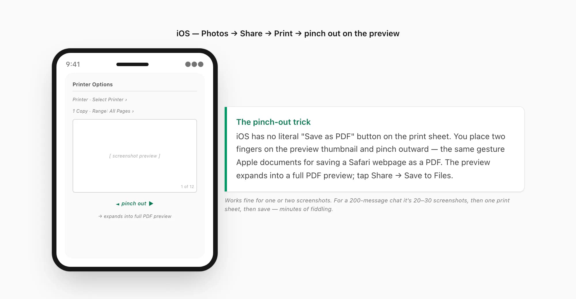 iOS Share to Print flow: tap Share, tap Print, pinch out on the page preview to expand into a PDF preview, then save