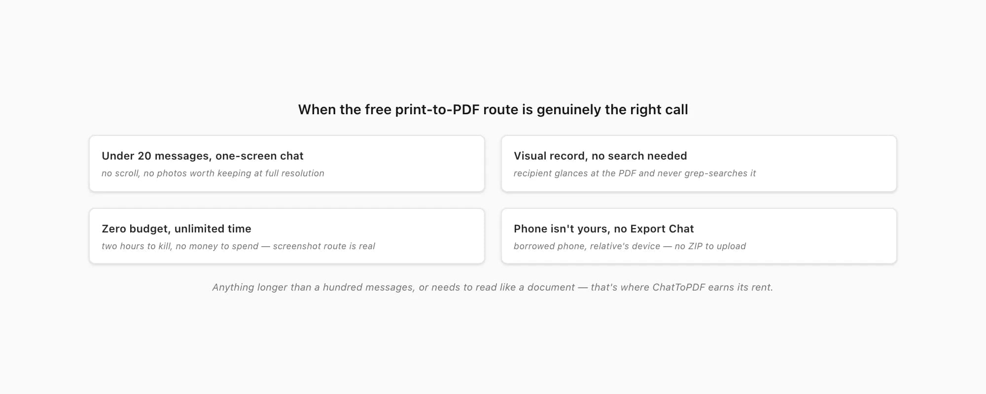 When the print-to-PDF route is the right call: under twenty messages, no media worth keeping, one-screen chat, zero budget