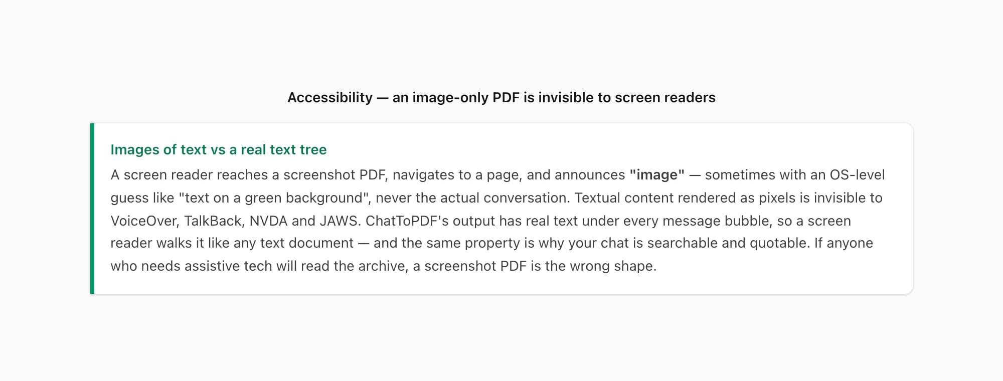 Accessibility note: an image-only PDF is invisible to screen readers; an accessible archive needs real text, not pixels