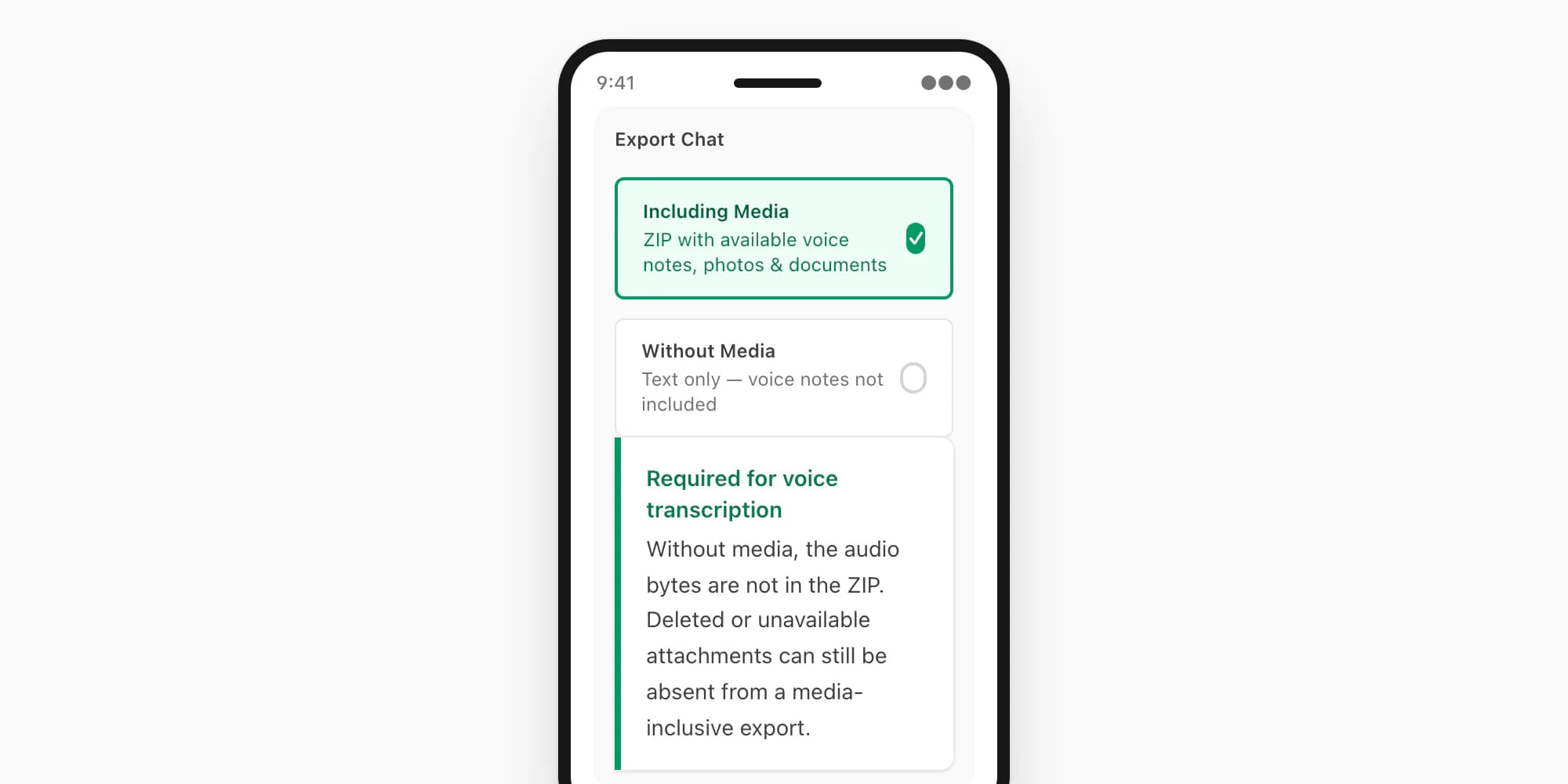 WhatsApp export settings screen highlighting the Including Media option required to include voice note audio files in the ZIP