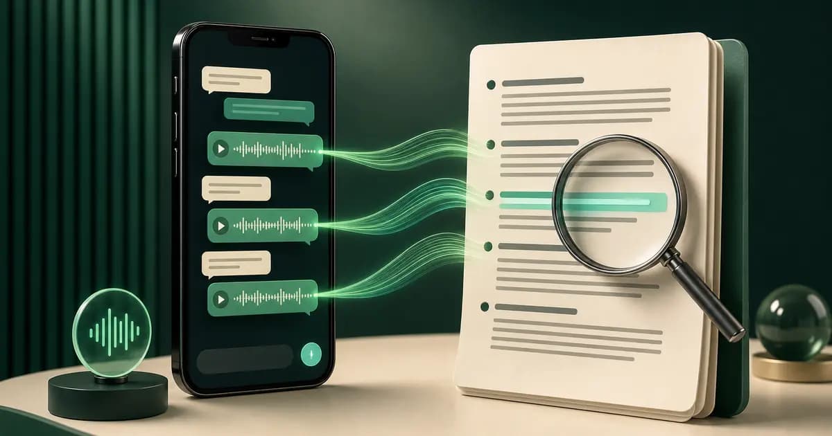 WhatsApp voice notes flowing into a searchable conversation PDF with preserved sender and timestamp context