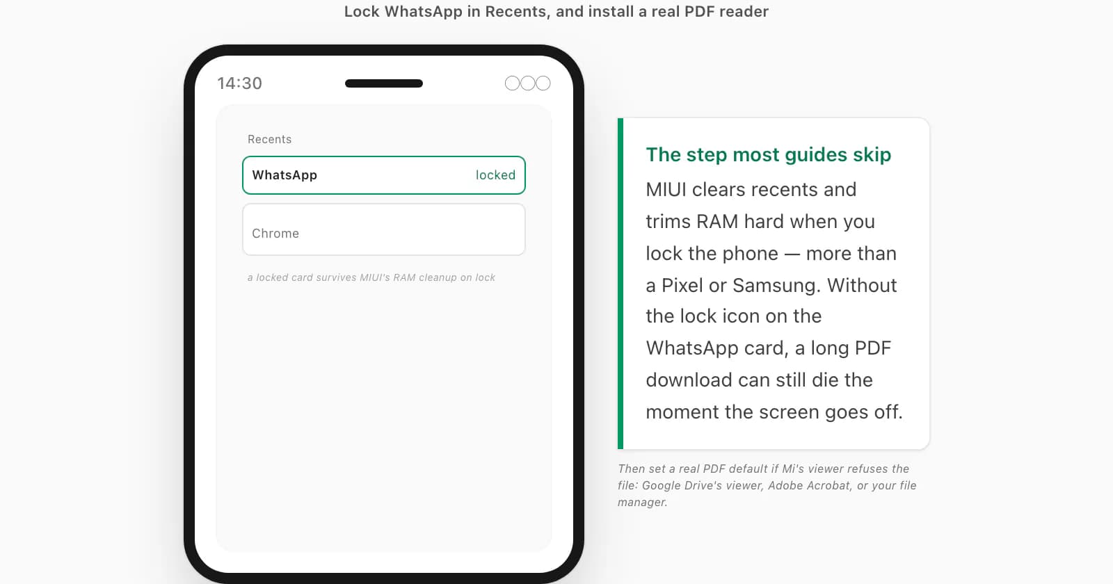 Callout on locking WhatsApp in the Recents card and installing a real PDF reader on a Xiaomi or Poco phone