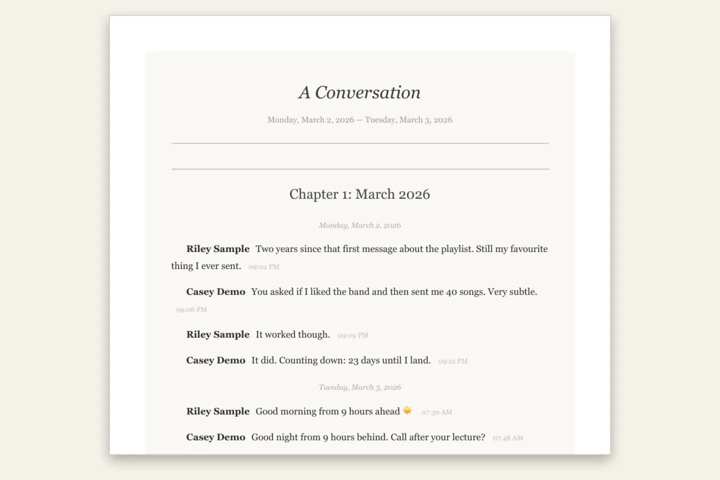 First page of an Instagram conversation converted to a Book Format PDF: a title page reading A Conversation, a chapter heading and messages in serif type