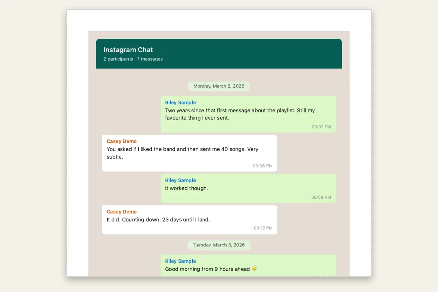 The same Instagram conversation in a chat-bubble PDF style, with sender names and times in each bubble