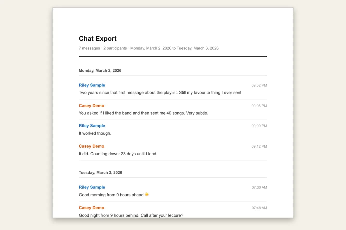 The same Instagram conversation in the Clean Document PDF style with sender names, times and day headings