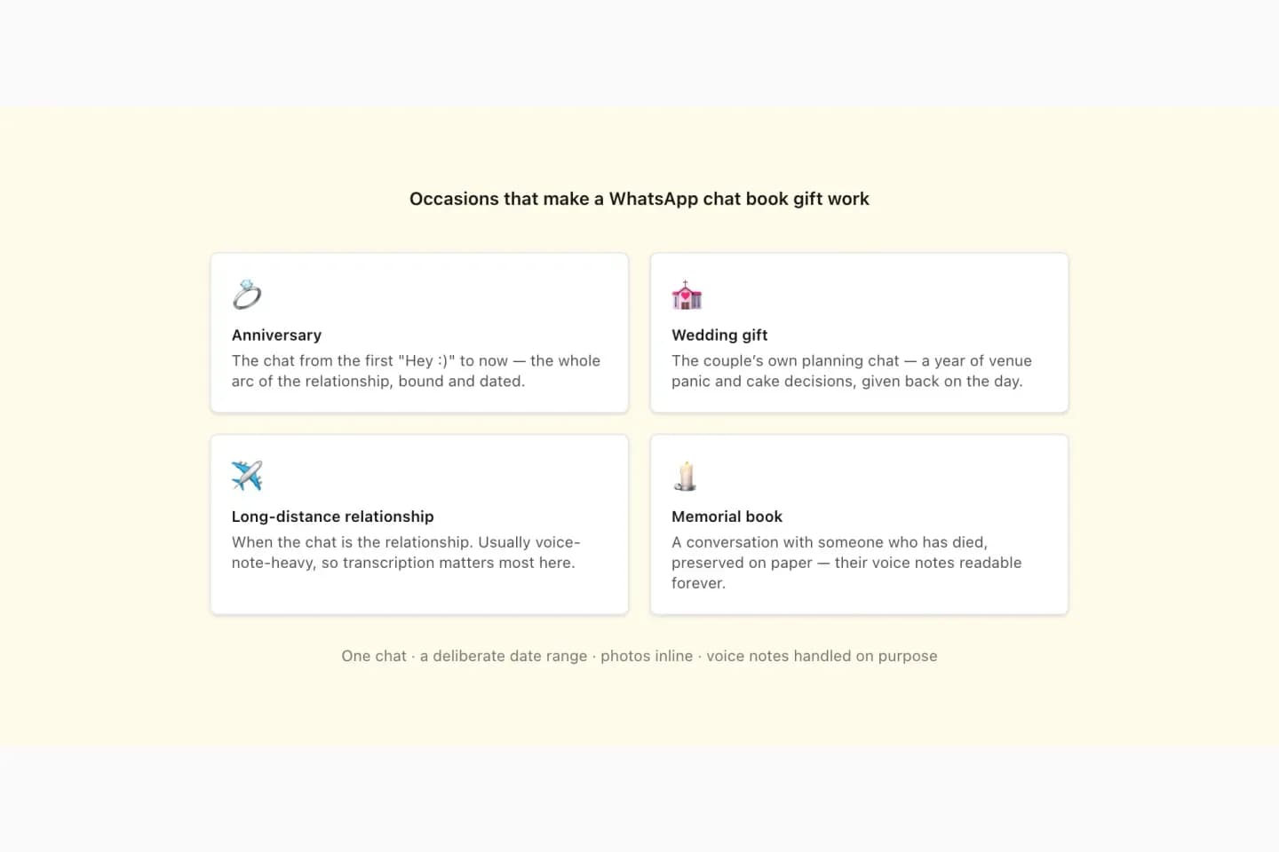 Four occasions for a printed WhatsApp chat book gift: anniversary, wedding, long-distance relationship and a memorial book