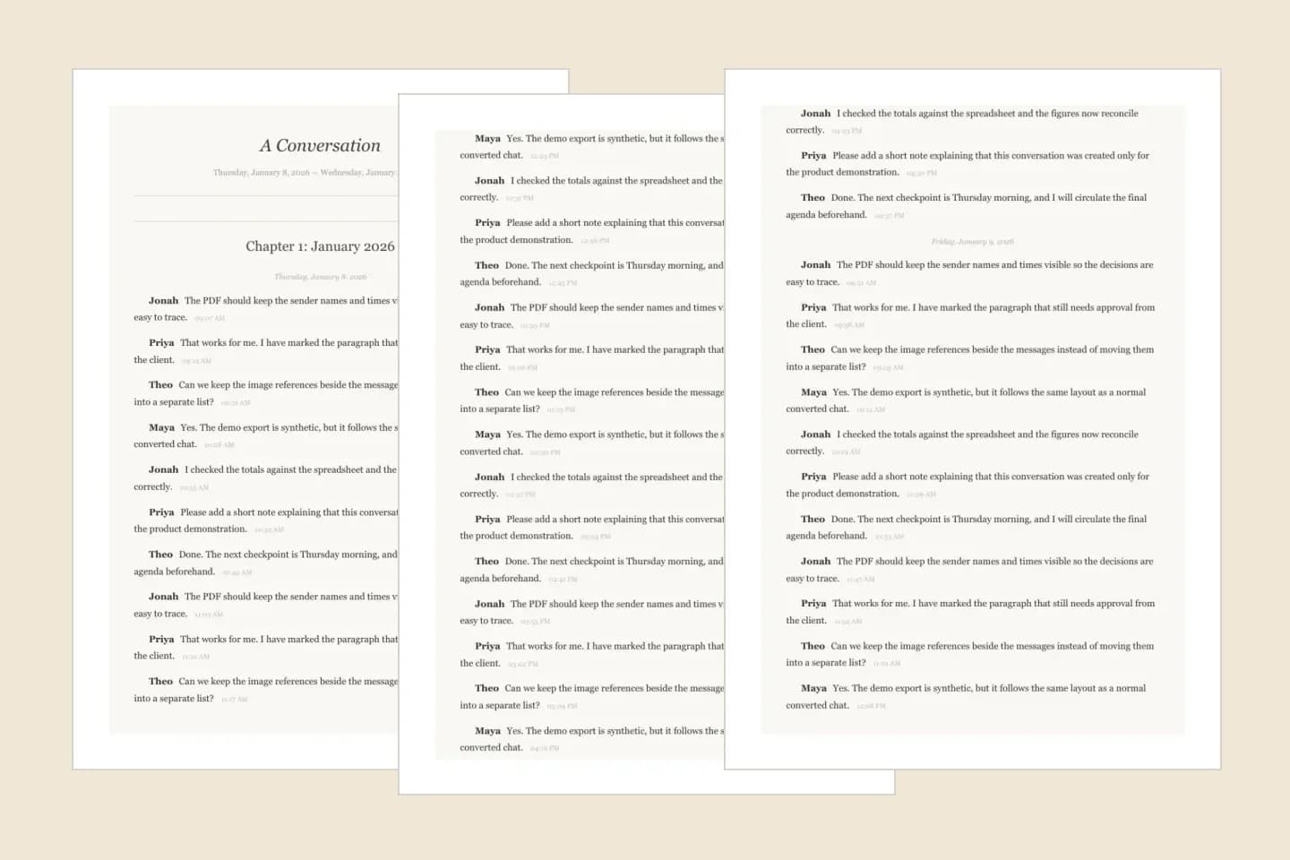 Three pages of a WhatsApp chat book PDF in the Book style, with a title page, a monthly chapter heading and serif message text