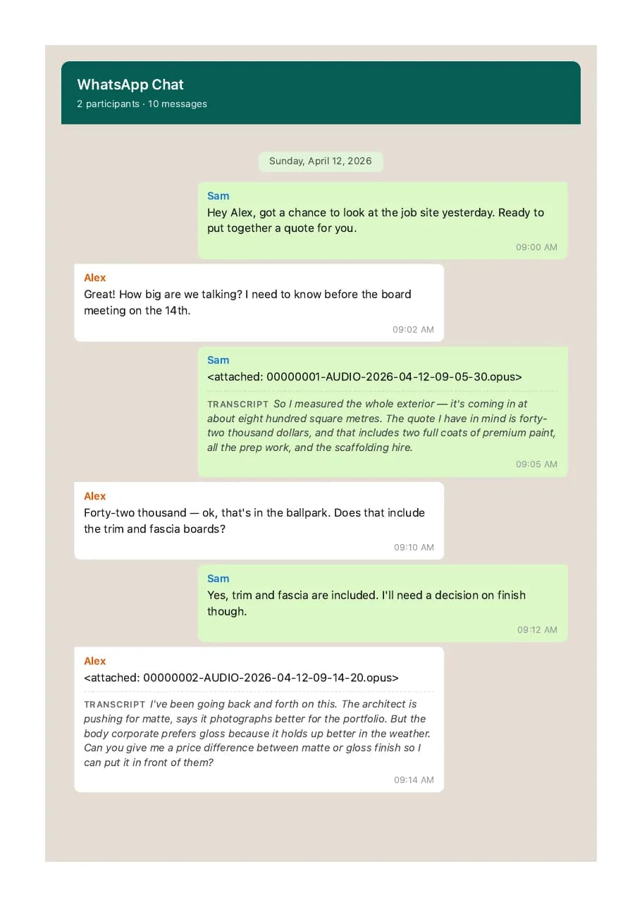 First page of a ChatToPDF-rendered synthetic WhatsApp transcript PDF with three OPUS notes beside sender and time