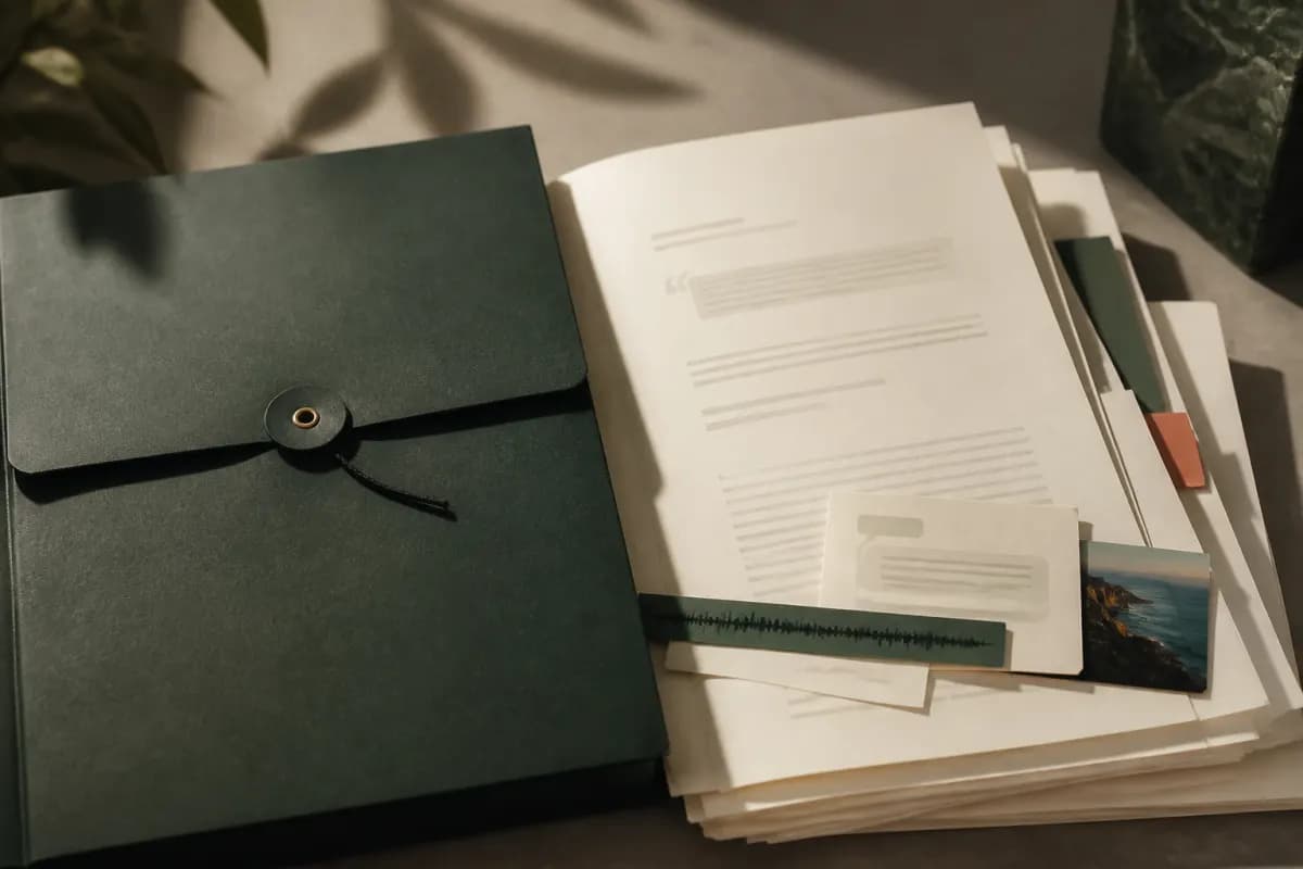 Editorial illustration of an archive folder beside conversation pages, an image, and an audio waveform strip