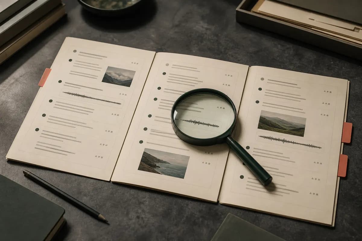 Editorial illustration of conversation documents, photos, audio waveforms, and a magnifying lens
