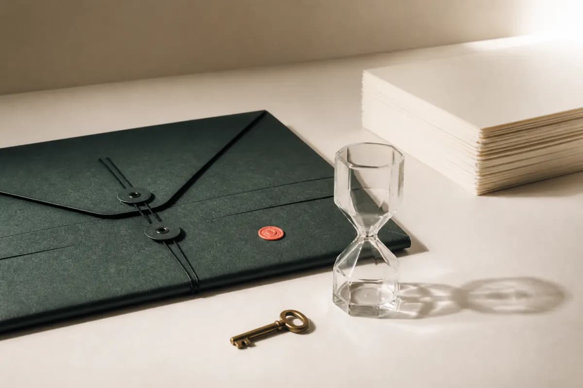 Editorial illustration of a sealed archive, hourglass, key, and blank paper representing a timed data lifecycle