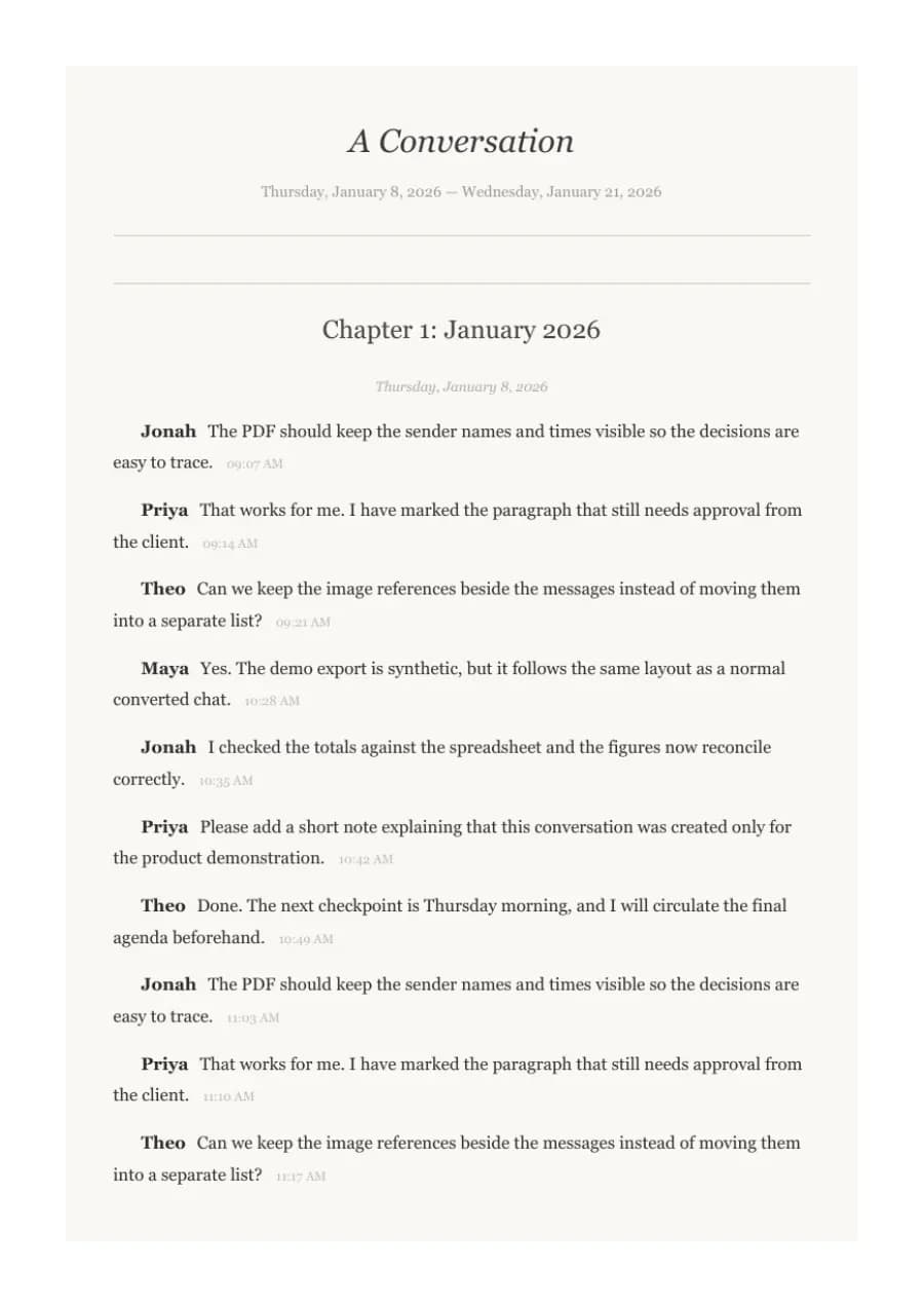 Book Format PDF example page 1, generated by ChatToPDF from a fictional 420-message conversation