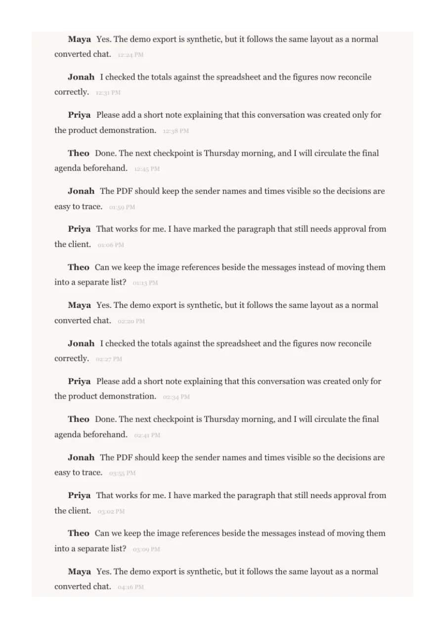 Book Format PDF example page 2, generated by ChatToPDF from a fictional 420-message conversation
