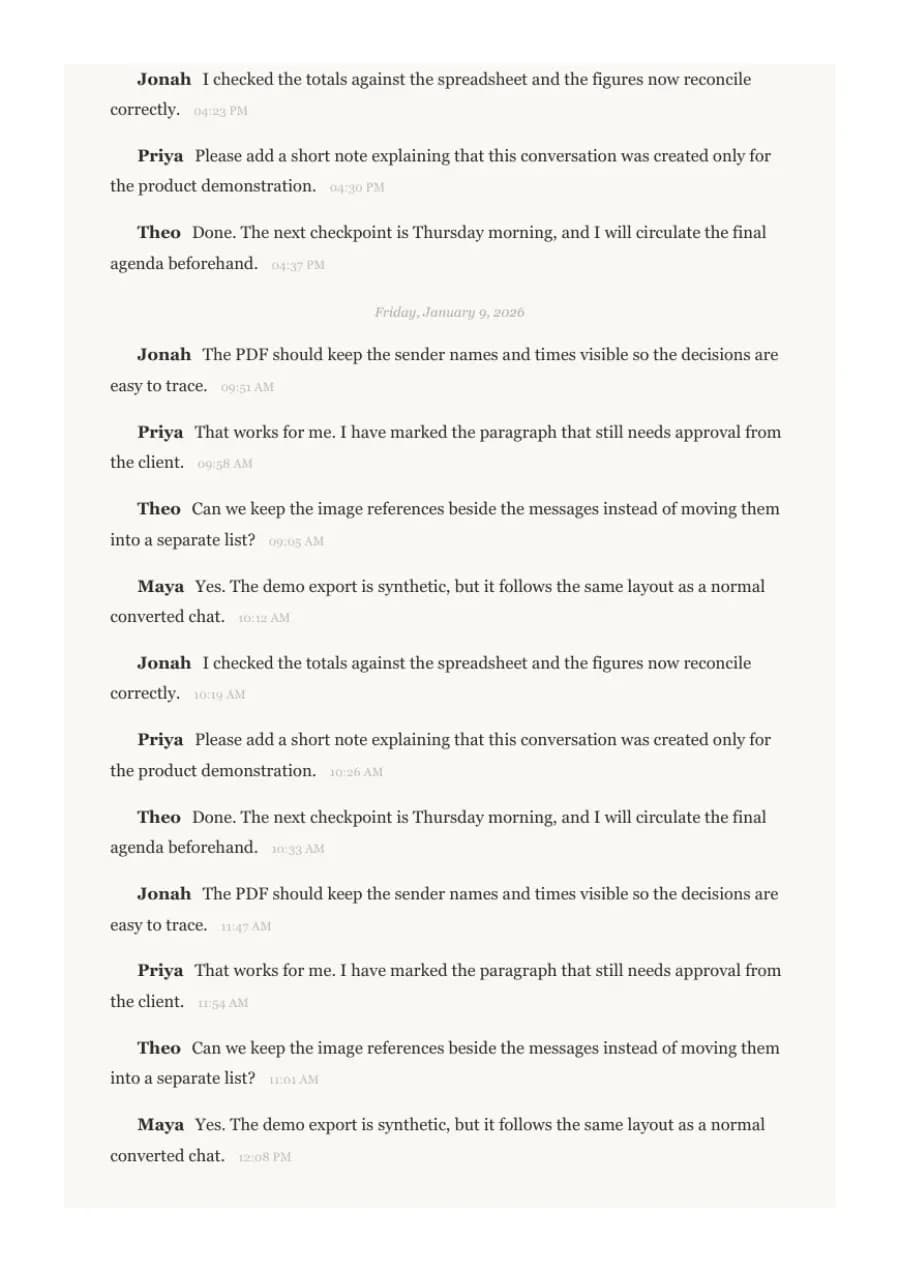 Book Format PDF example page 3, generated by ChatToPDF from a fictional 420-message conversation
