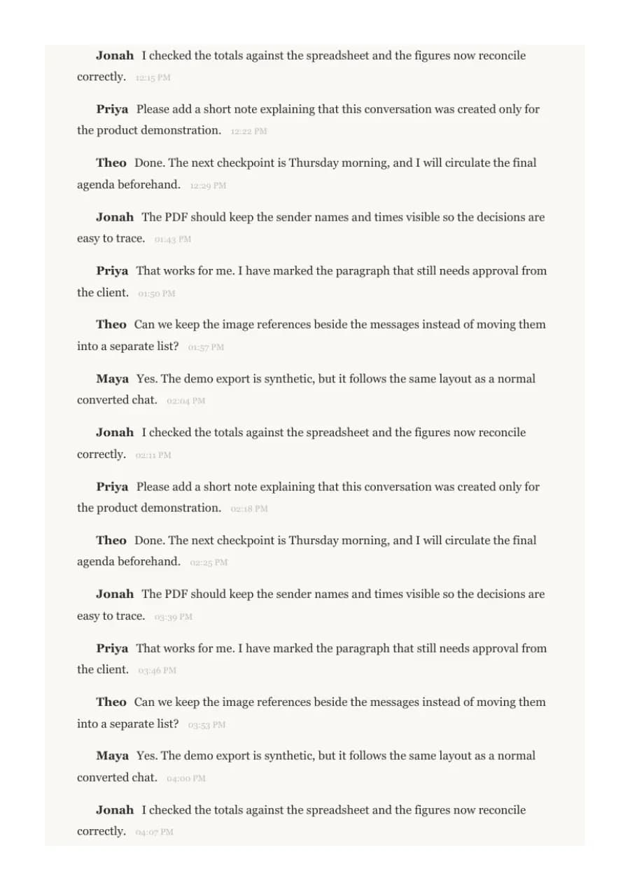 Book Format PDF example page 4, generated by ChatToPDF from a fictional 420-message conversation