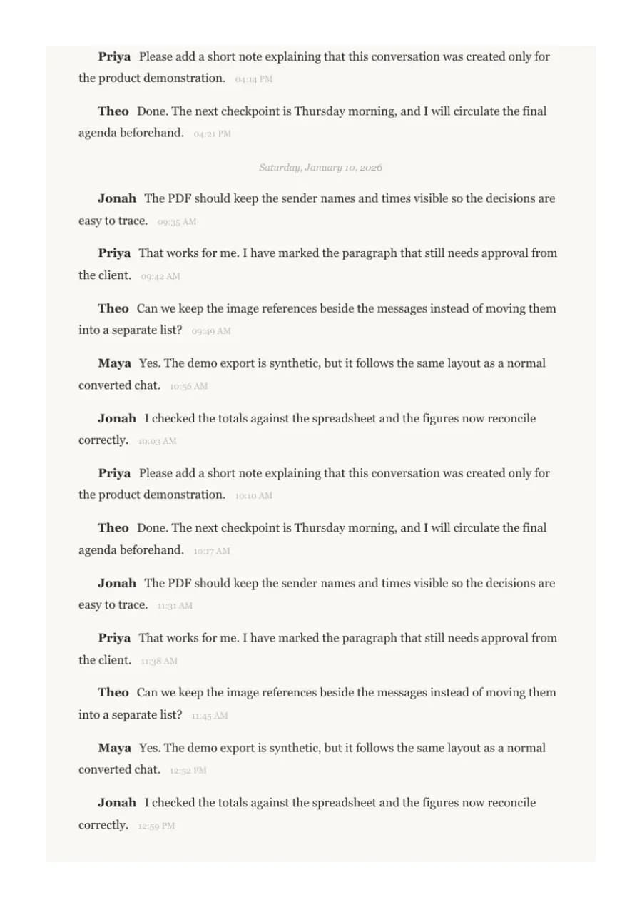 Book Format PDF example page 5, generated by ChatToPDF from a fictional 420-message conversation