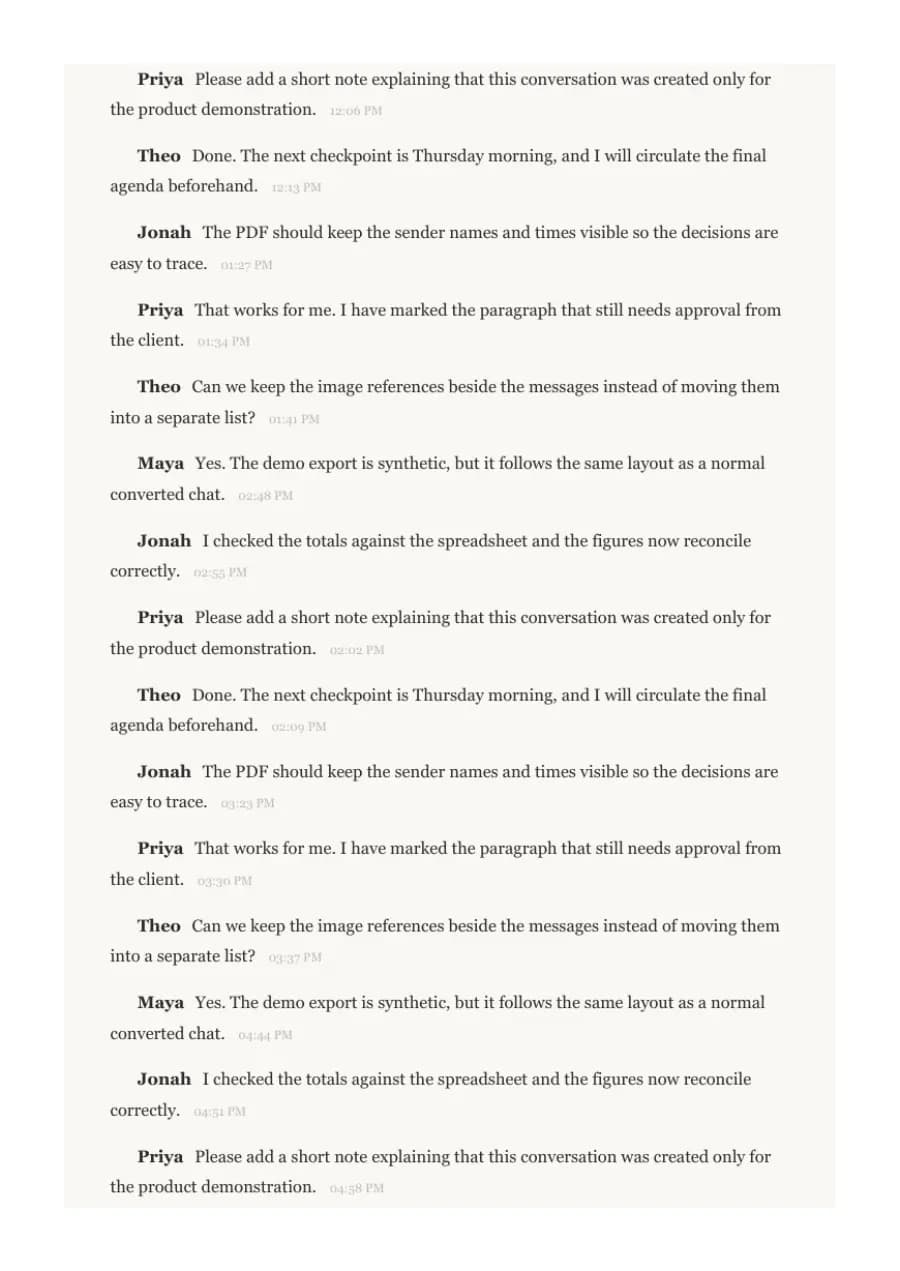 Book Format PDF example page 6, generated by ChatToPDF from a fictional 420-message conversation
