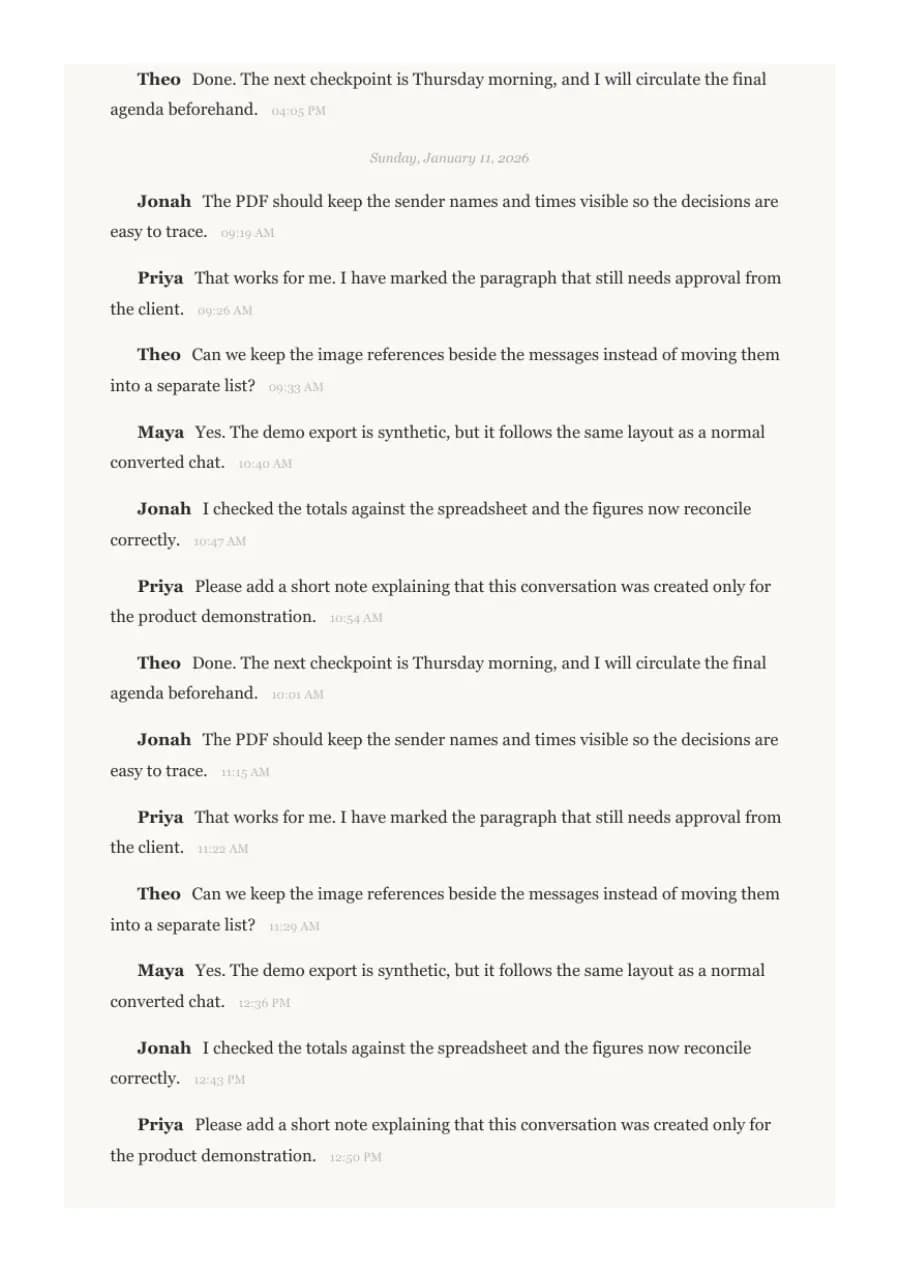 Book Format PDF example page 7, generated by ChatToPDF from a fictional 420-message conversation