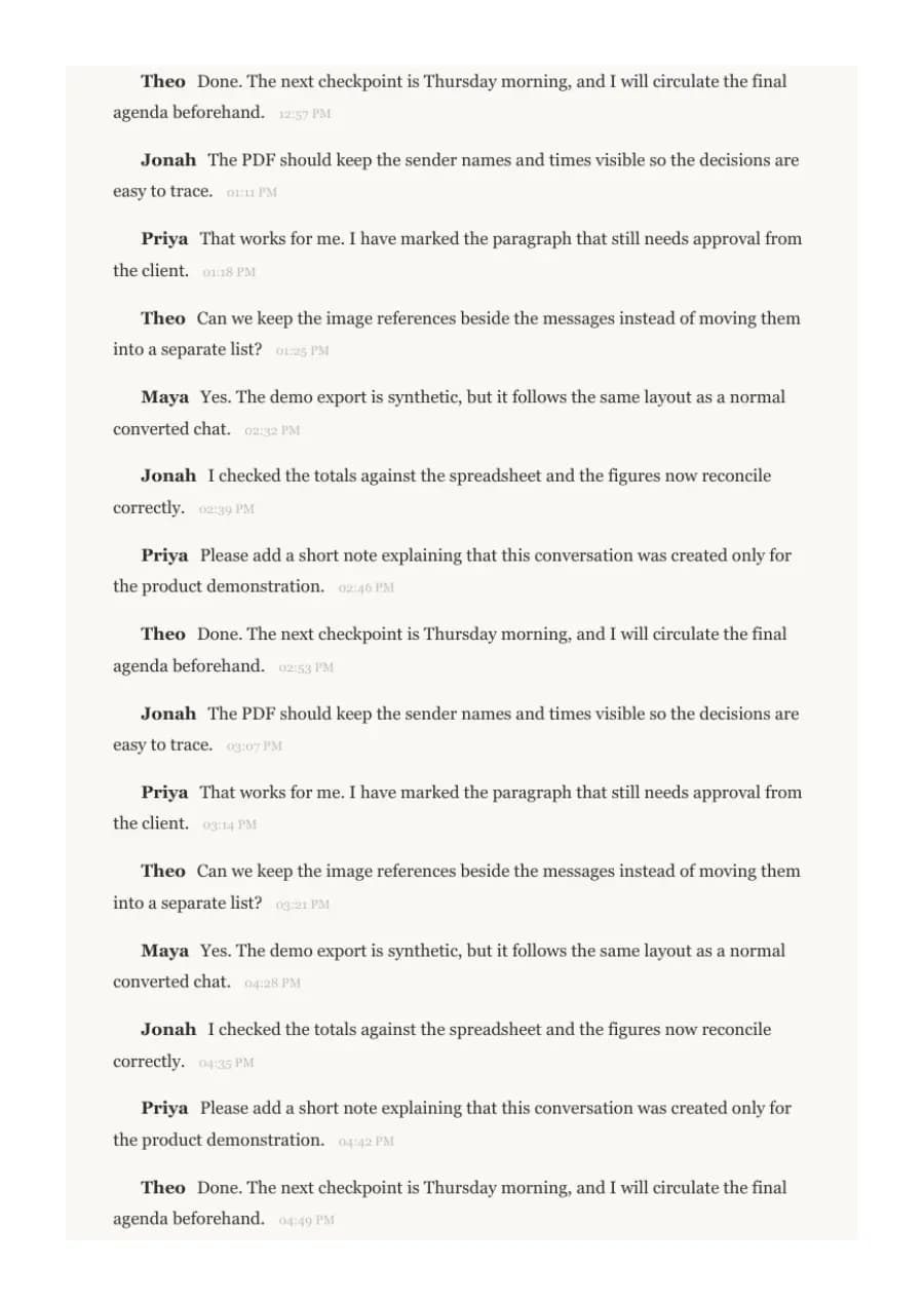 Book Format PDF example page 8, generated by ChatToPDF from a fictional 420-message conversation