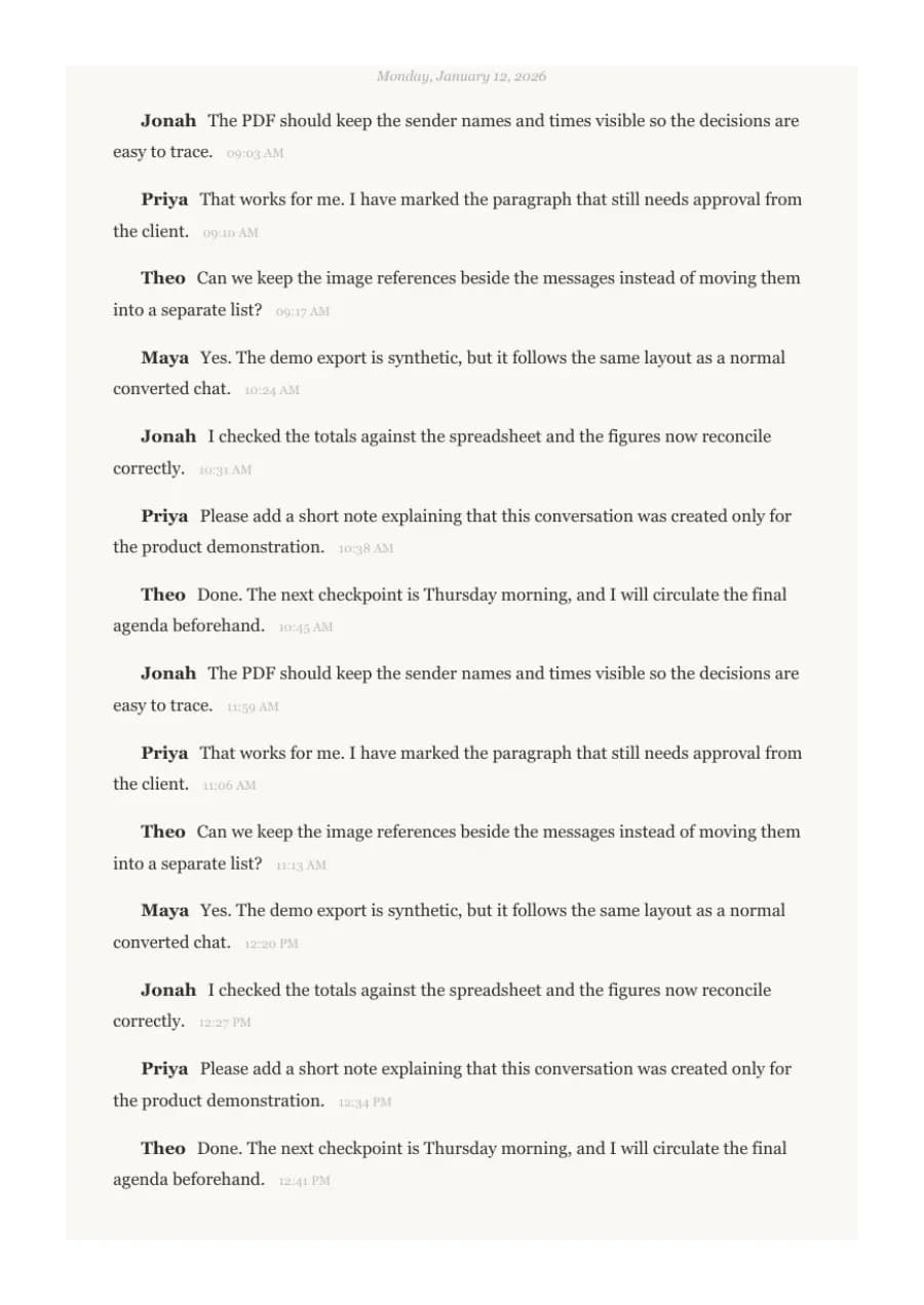Book Format PDF example page 9, generated by ChatToPDF from a fictional 420-message conversation