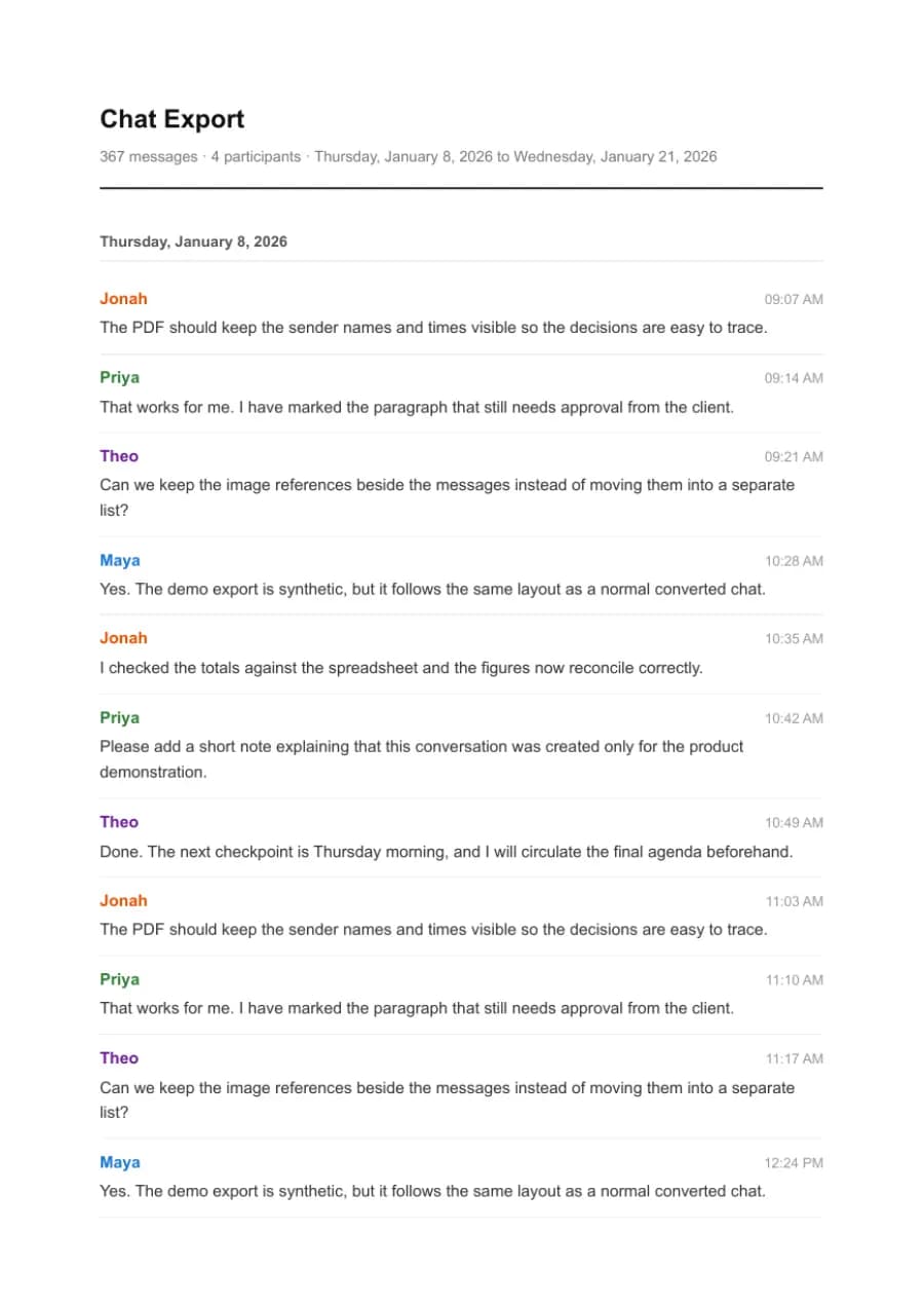 Clean Document PDF example page 1, generated by ChatToPDF from a fictional 420-message conversation