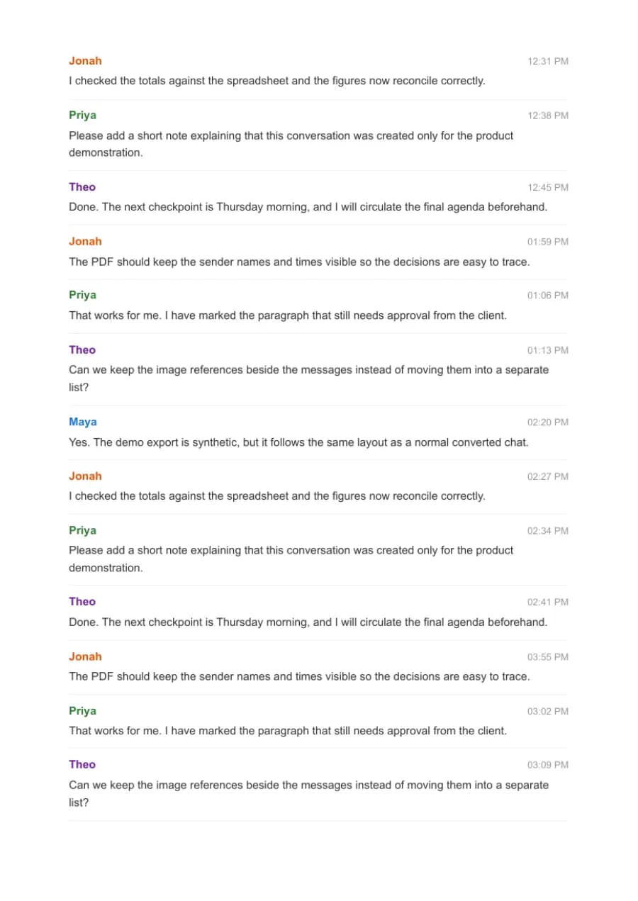 Clean Document PDF example page 2, generated by ChatToPDF from a fictional 420-message conversation
