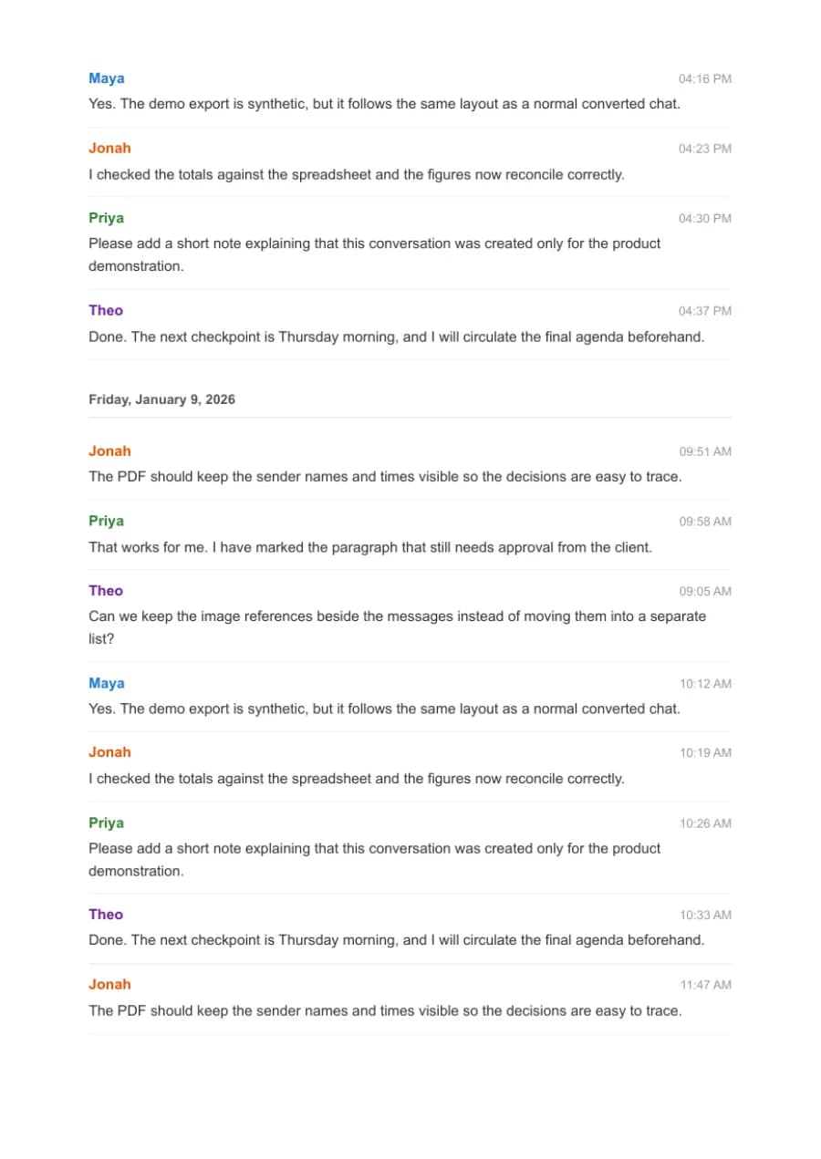 Clean Document PDF example page 3, generated by ChatToPDF from a fictional 420-message conversation