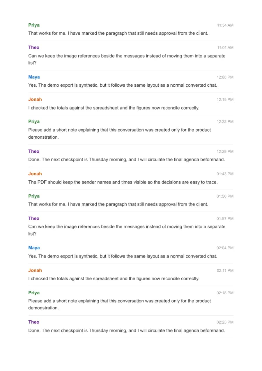 Clean Document PDF example page 4, generated by ChatToPDF from a fictional 420-message conversation
