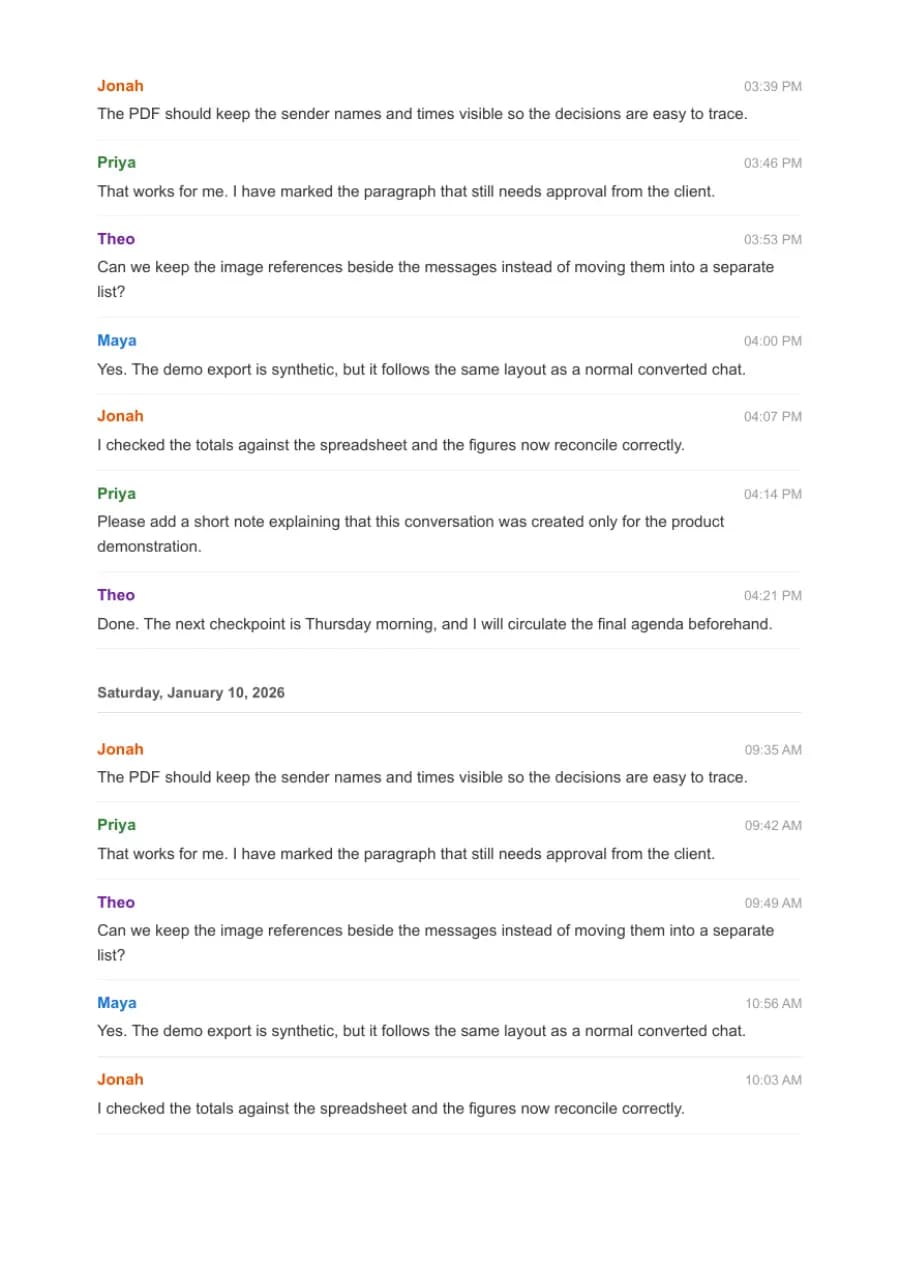 Clean Document PDF example page 5, generated by ChatToPDF from a fictional 420-message conversation