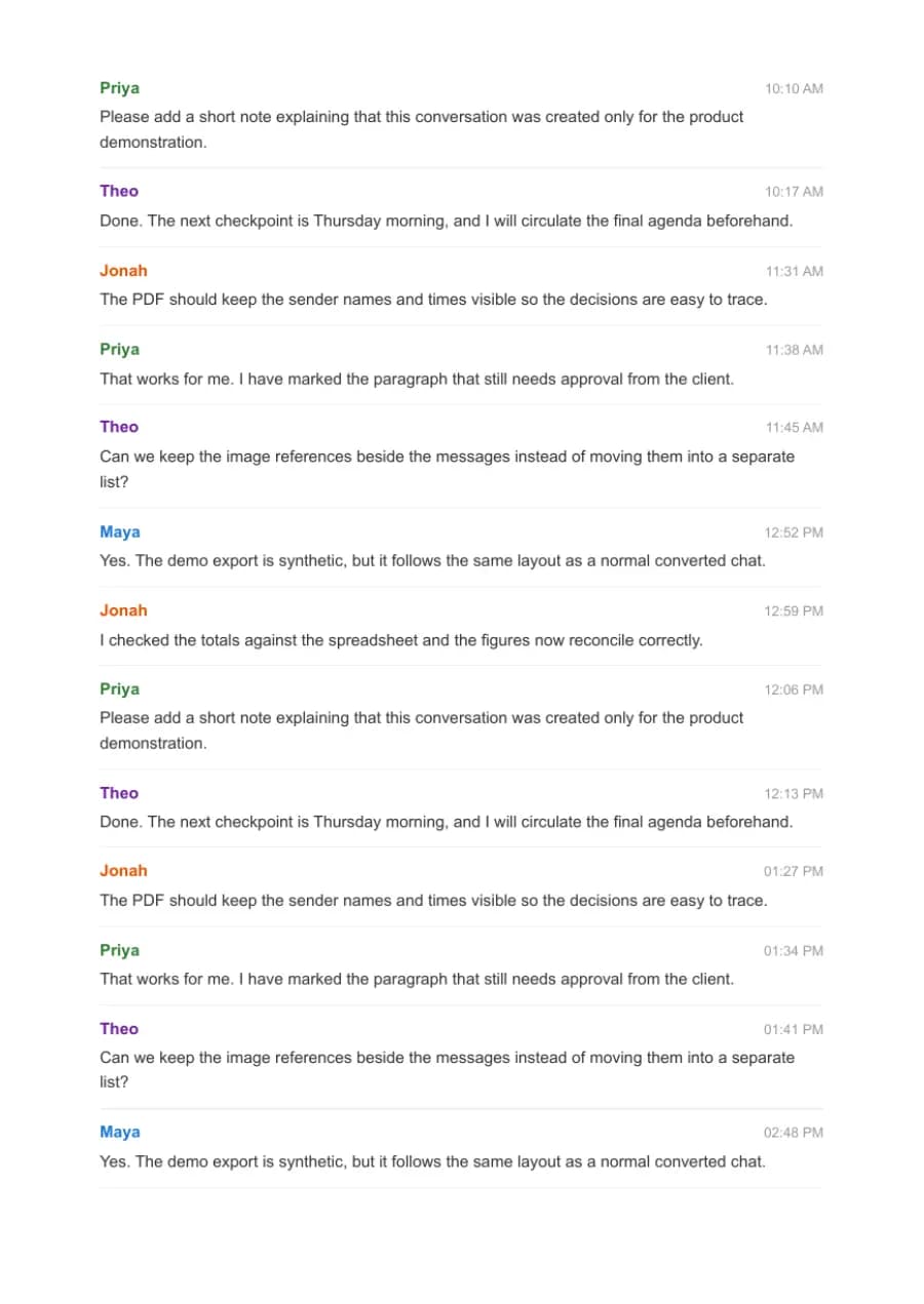 Clean Document PDF example page 6, generated by ChatToPDF from a fictional 420-message conversation