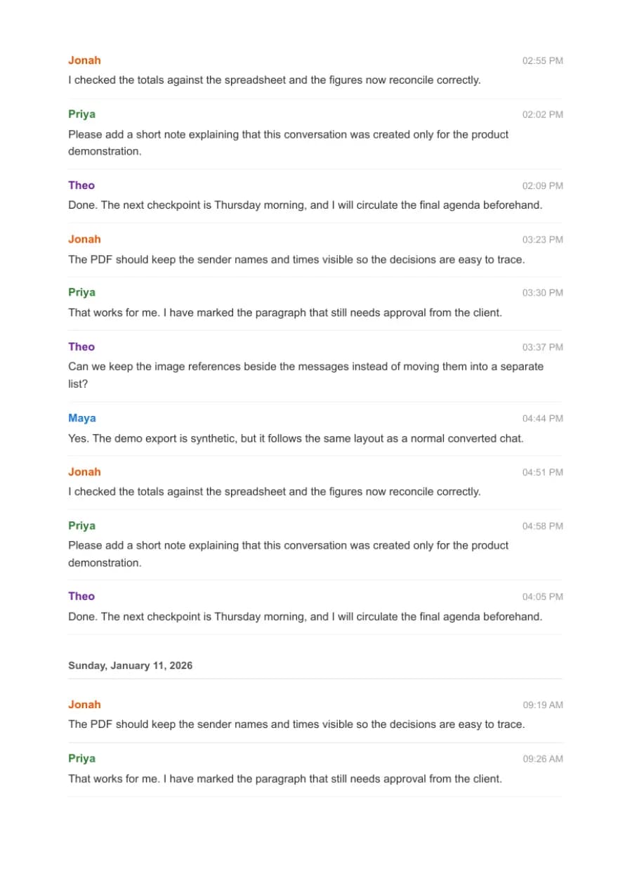 Clean Document PDF example page 7, generated by ChatToPDF from a fictional 420-message conversation