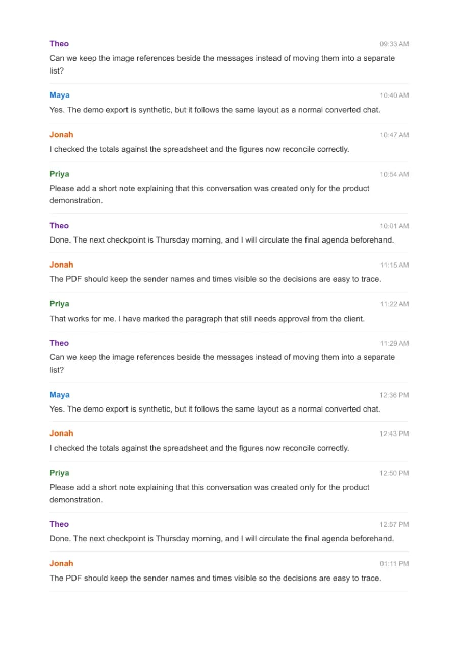 Clean Document PDF example page 8, generated by ChatToPDF from a fictional 420-message conversation